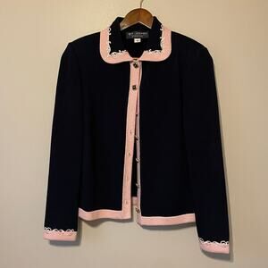 St. John Collection Cardigan Sweater Full Button Navy Cream Trim sz 4